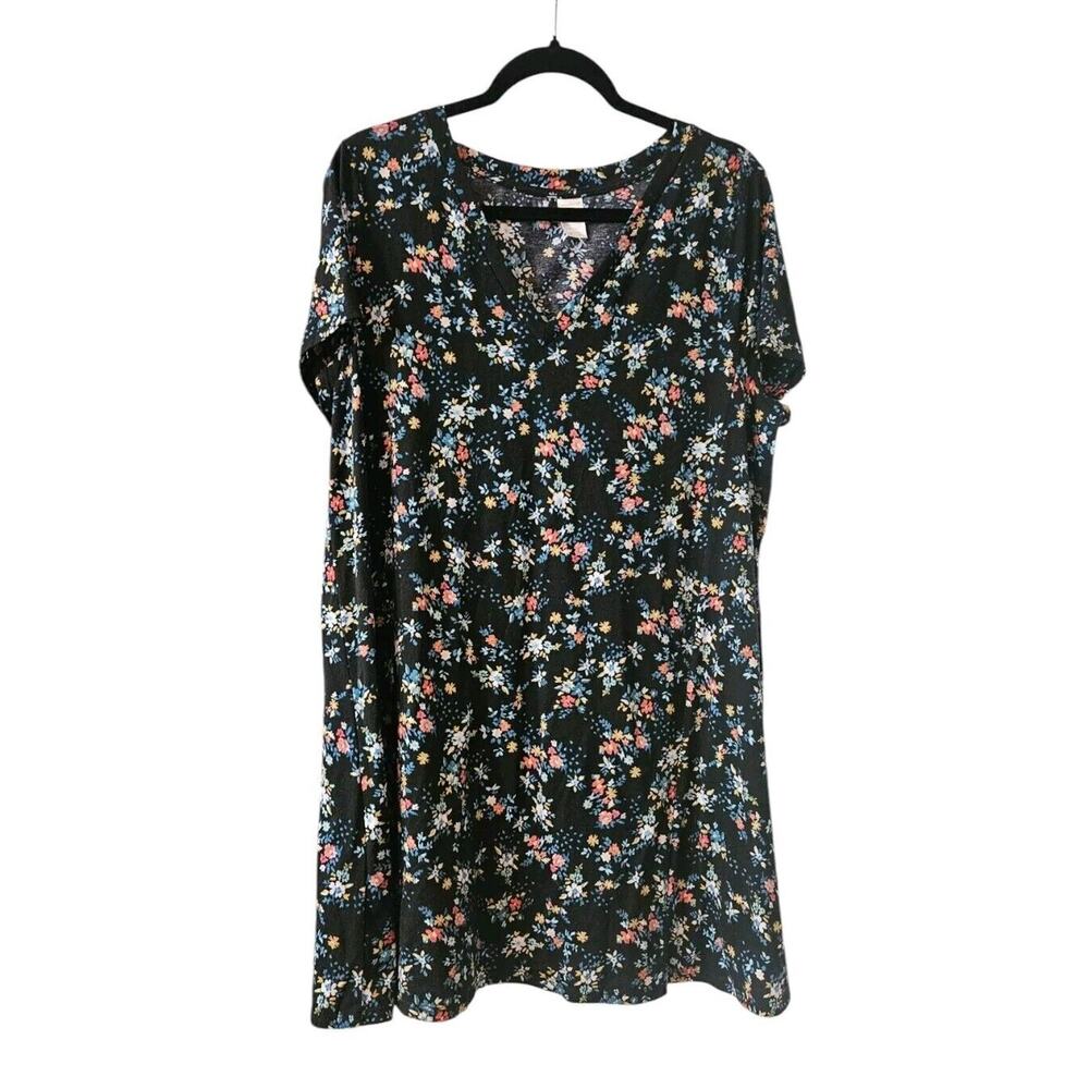 West Loop Womens Size XL Black Floral V-Neck Shift Swing Dress Casual Comfy